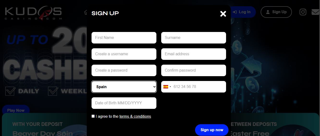 Regístrate en Kudos Casino completando el formulario de creación de cuenta